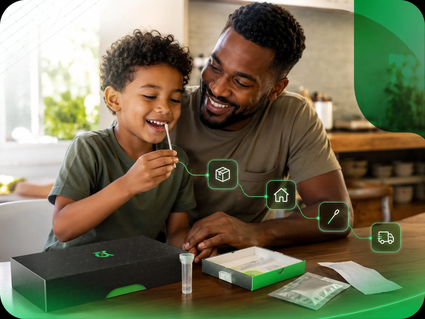 Pai acompanha o filho durante uma autocoleta com o kit DNAjá em casa