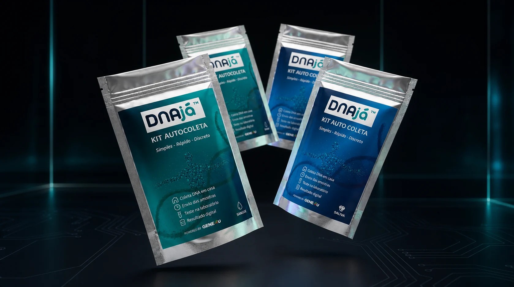 Kits de autocoleta DNAjá para amostras de sangue e saliva em ambiente tecnológico escuro